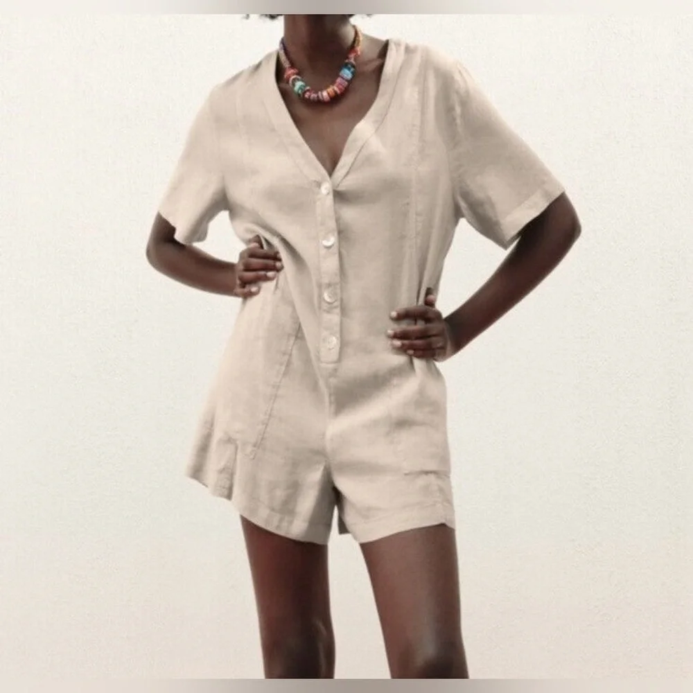 Zara Light Tan V-Neck Linen Cotton Romper • Small
